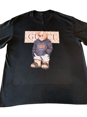 Gucci Black Tee with Beige Logo Panel and Multicolor Bear Graphic